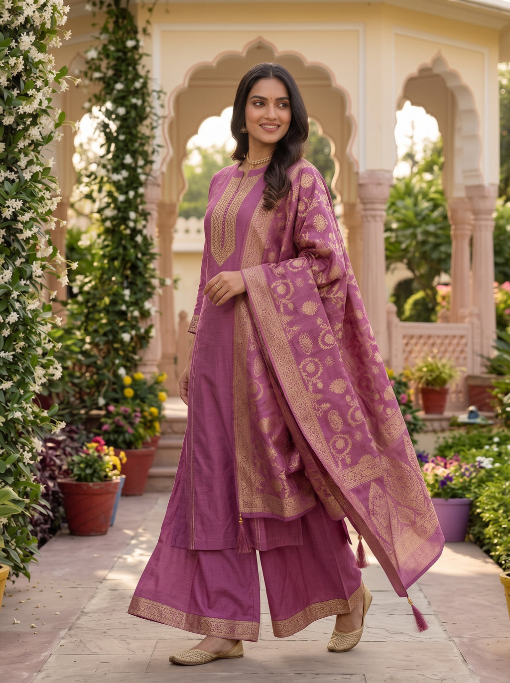 Mauve Chanderi Kurti Pants Set With Banarsi Dupatta
