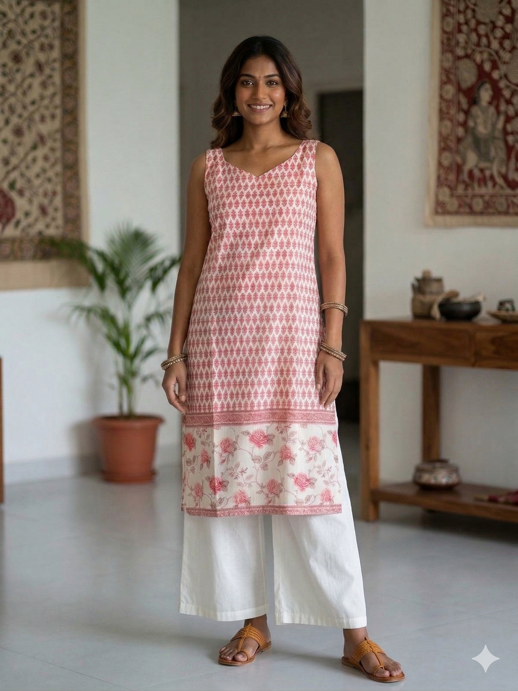 White Pink Soft cotton Printed Sleeveless Medium lenth Kurti Top ( Top Only)