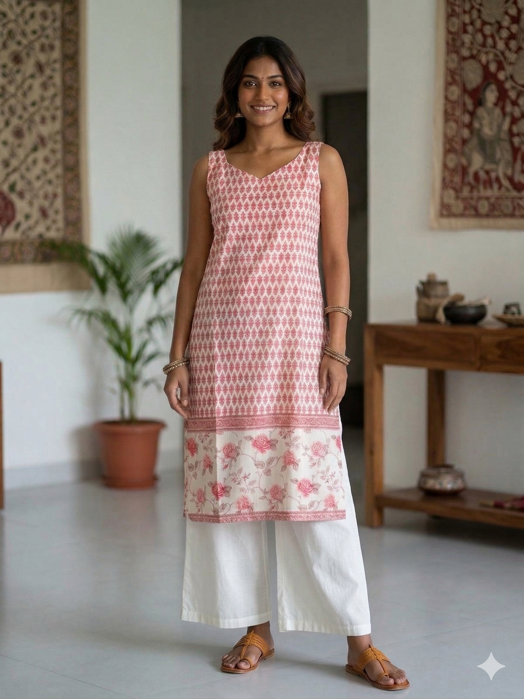 White Pink Soft cotton Printed Sleeveless Medium lenth Kurti Top ( Top Only)