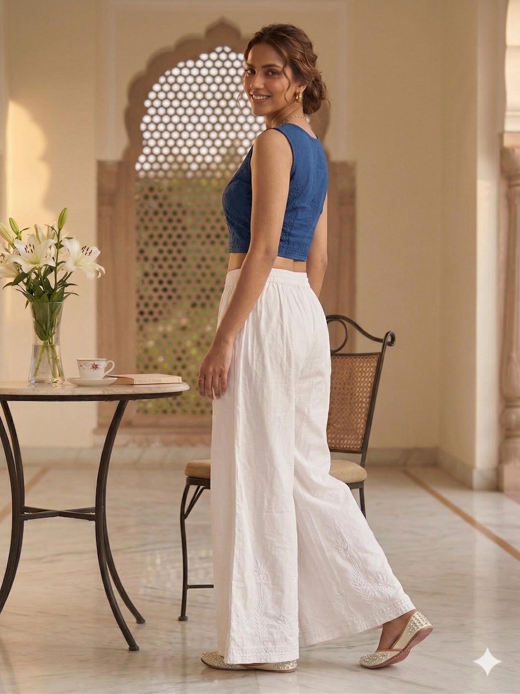 White Cotton Chikankari Wide Leg Palazzo Pants
