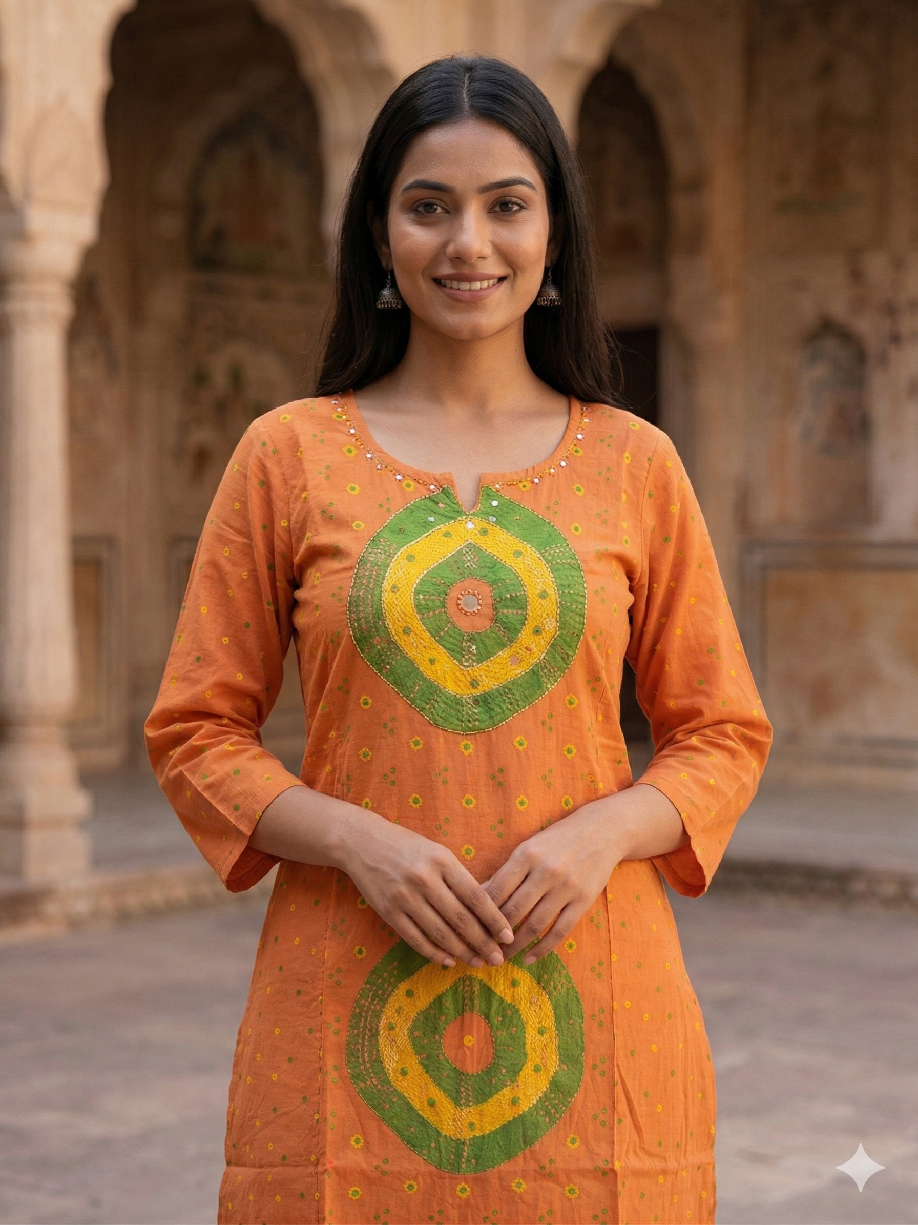 Orange Embroidered Cotton Kurti Palazzo Set