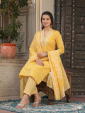 Yellow white  Printed Embroidered Cotton 3pc Kurti Set