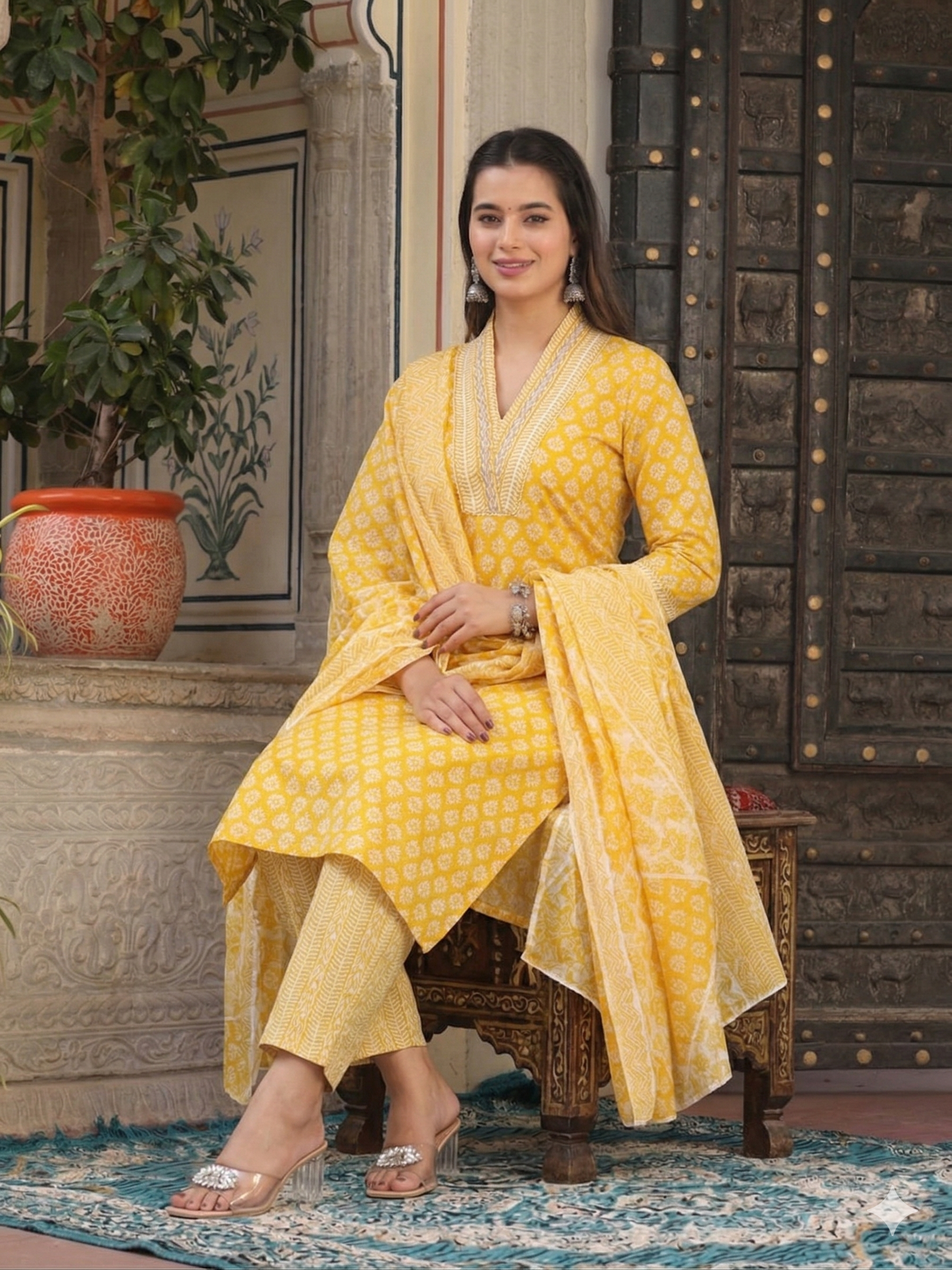 Yellow white  Printed Embroidered Cotton 3pc Kurti Set