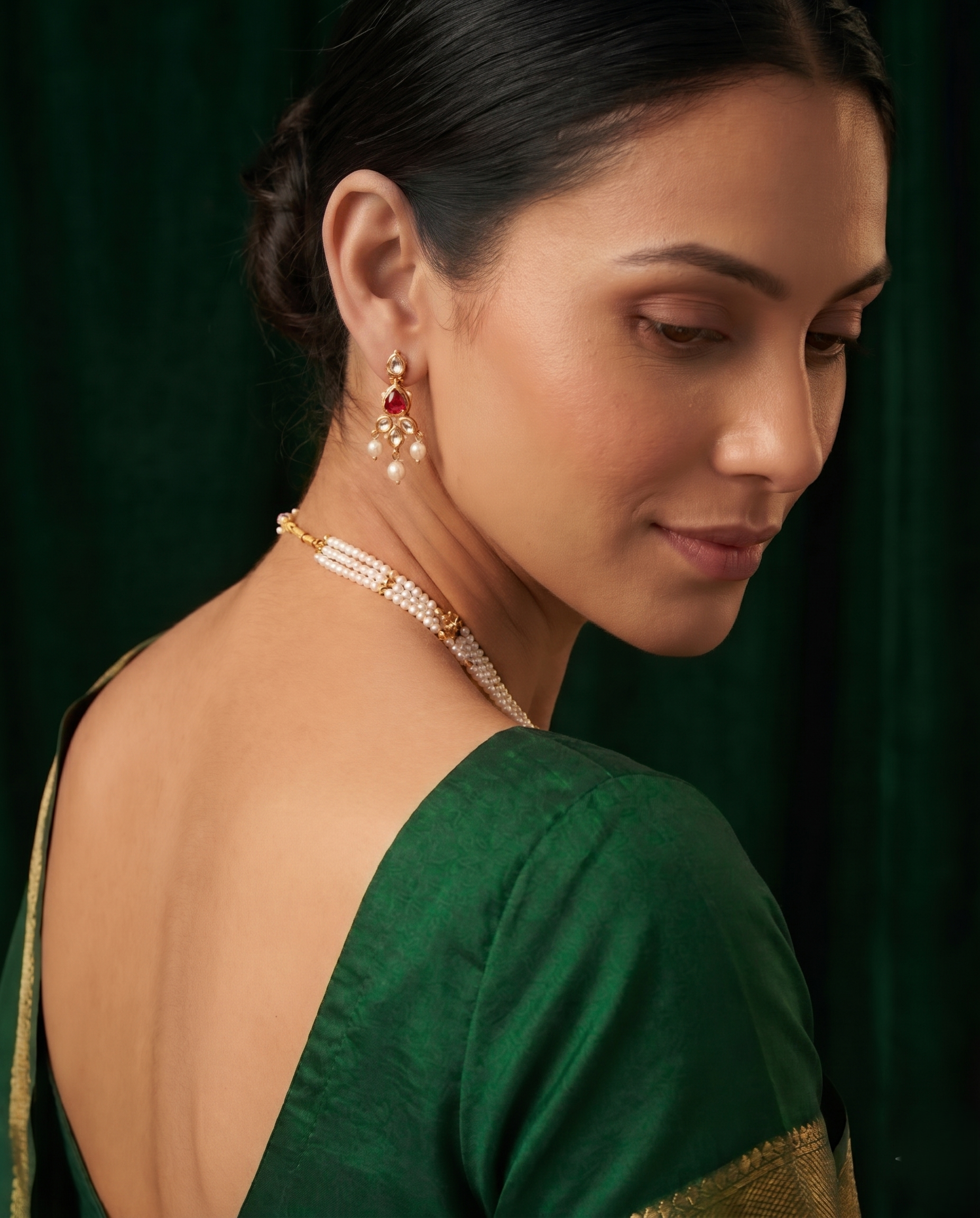 Gold-Toned Pearl Layered Necklace Set with Matching Earrings