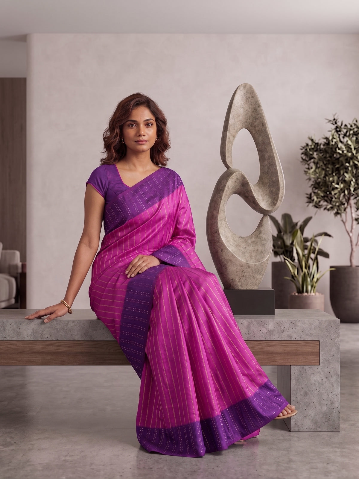 Striped Two toned Solid Semi Silk Saree With Contrast Border