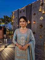 Emdroidered Chinon Silk Short Kurti With Flared Palazzo and Dupatta