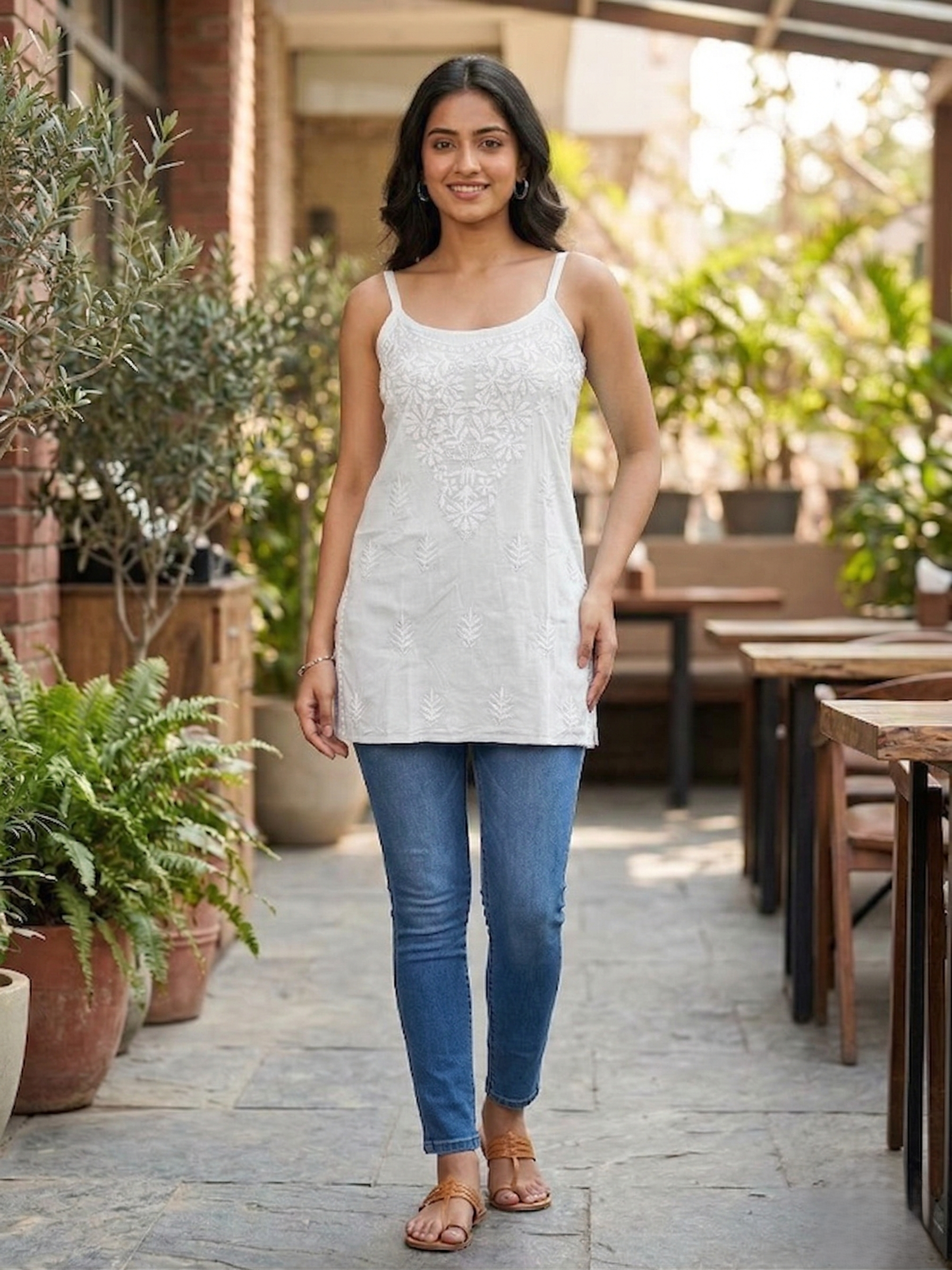 Chikankari Sleeveless Short kurti Top