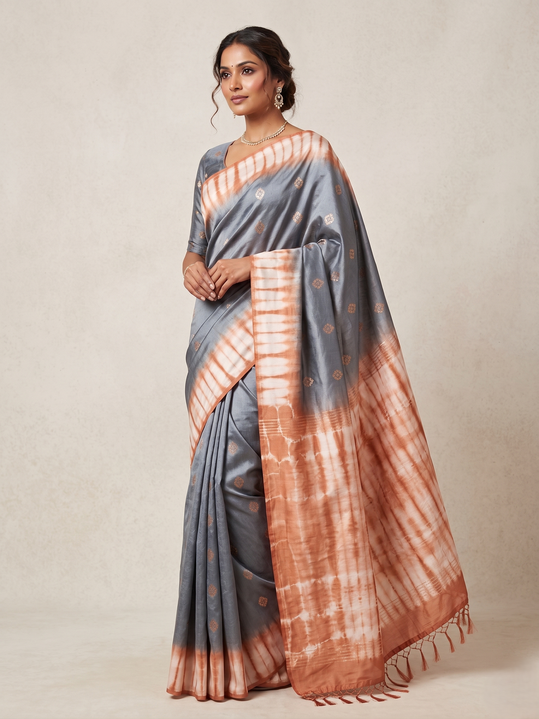 Grey& Rust Bhagalpuri Silk Handloom Saree with copper Zari Butta