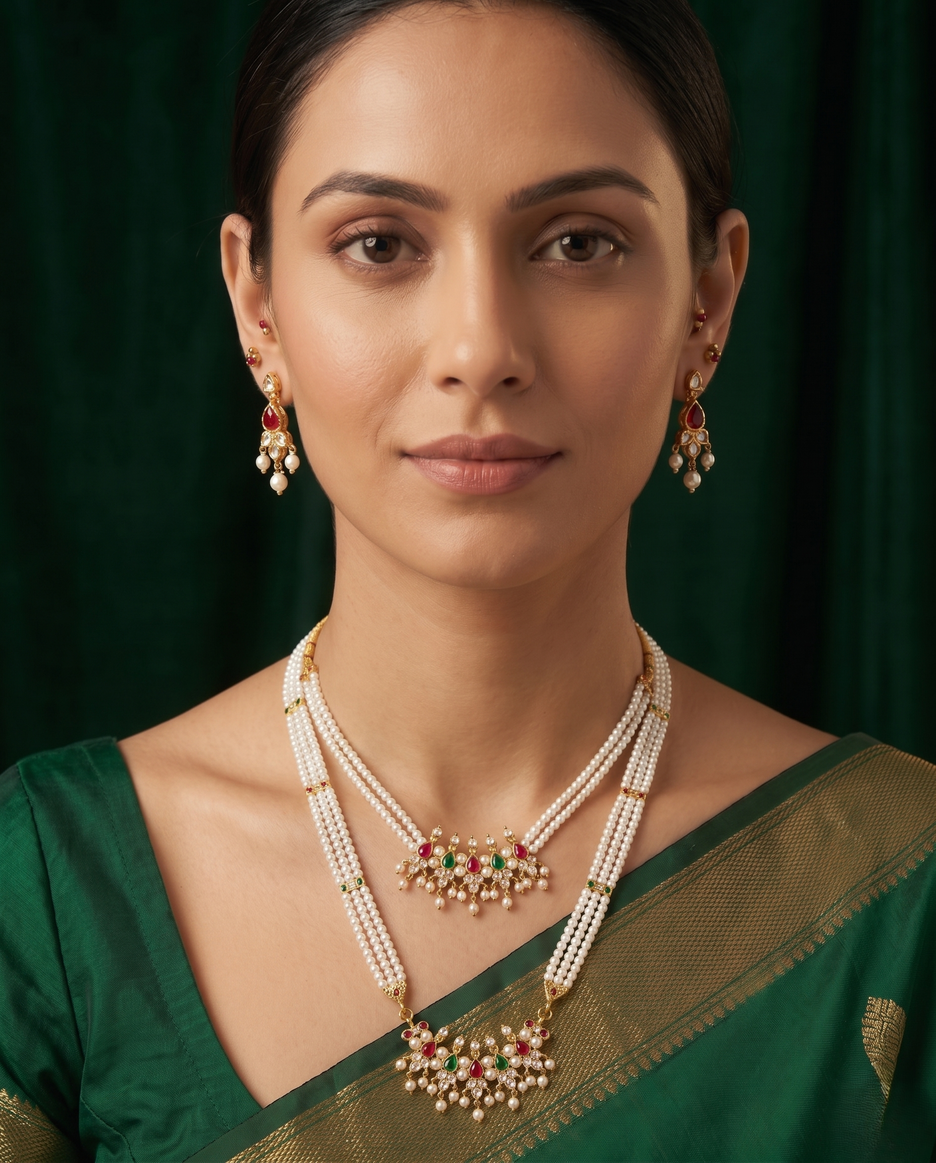 Gold-Toned Pearl Layered Necklace Set with Matching Earrings