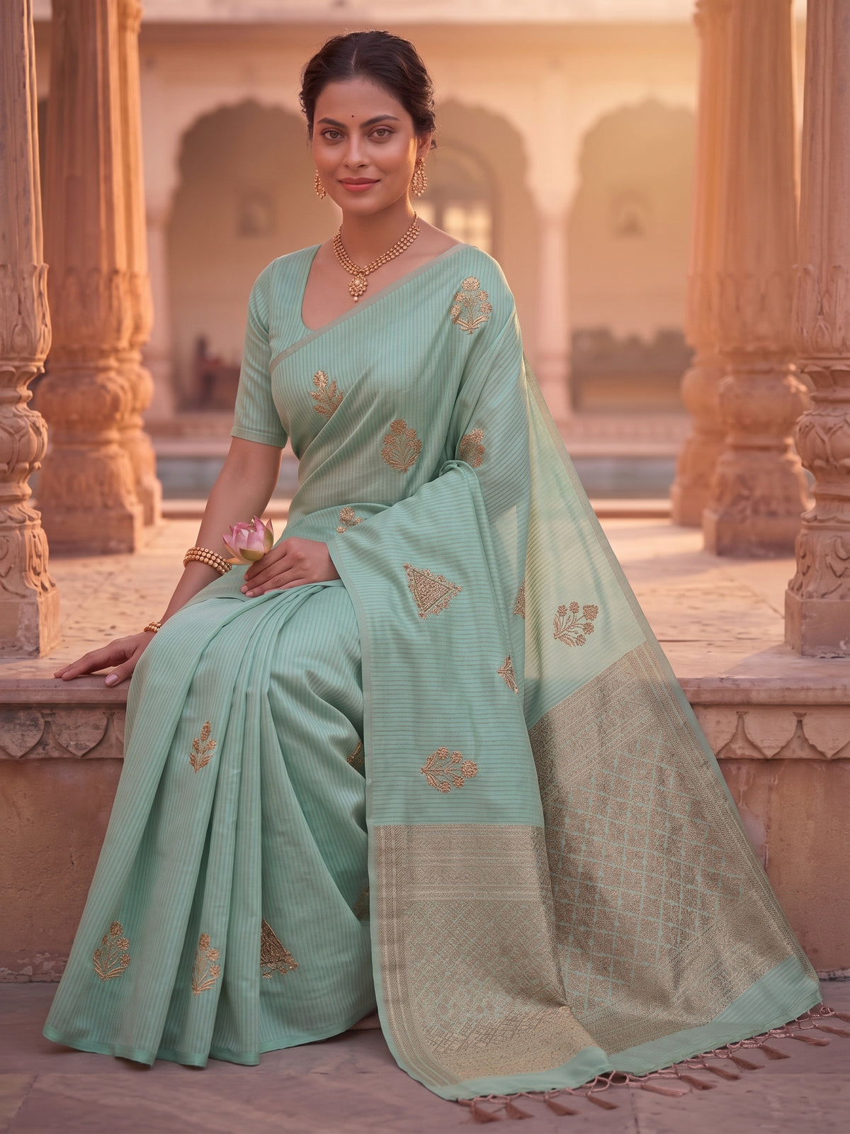 Striped Two toned Solid Soft Silk Saree With Zari woven Motifs & Pallu