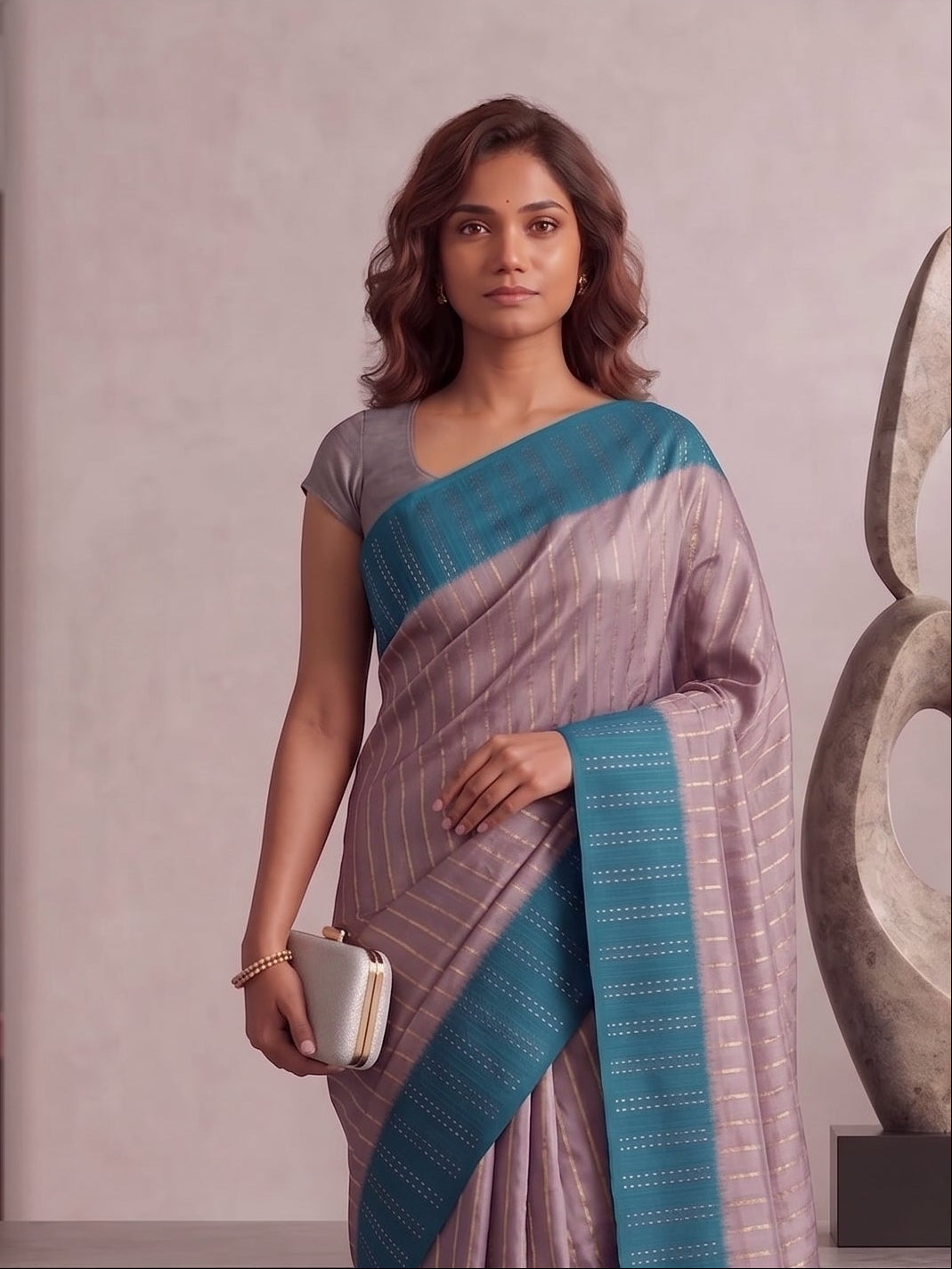Striped Two toned Solid Semi Silk Saree With Contrast Border