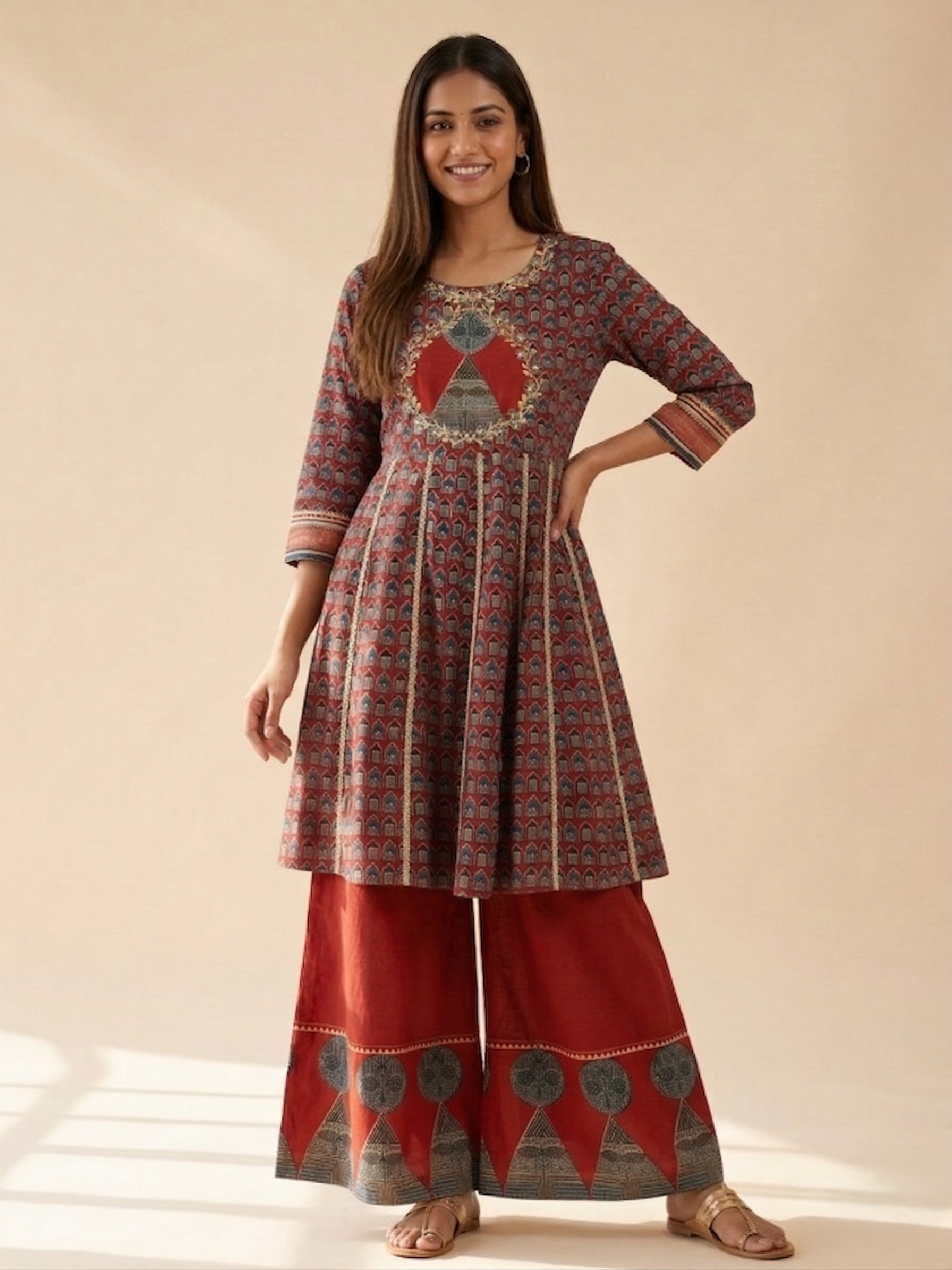 Pure cotton Medium Length Anarkali Kurti With Wide Leg Palazzo