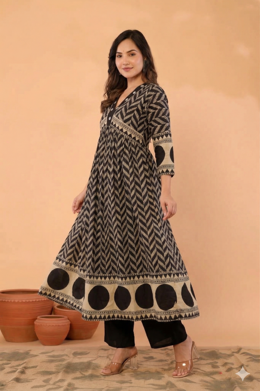 Black Printed Mirror Embroidered Pure Cotton 3Pcs Kurti Set