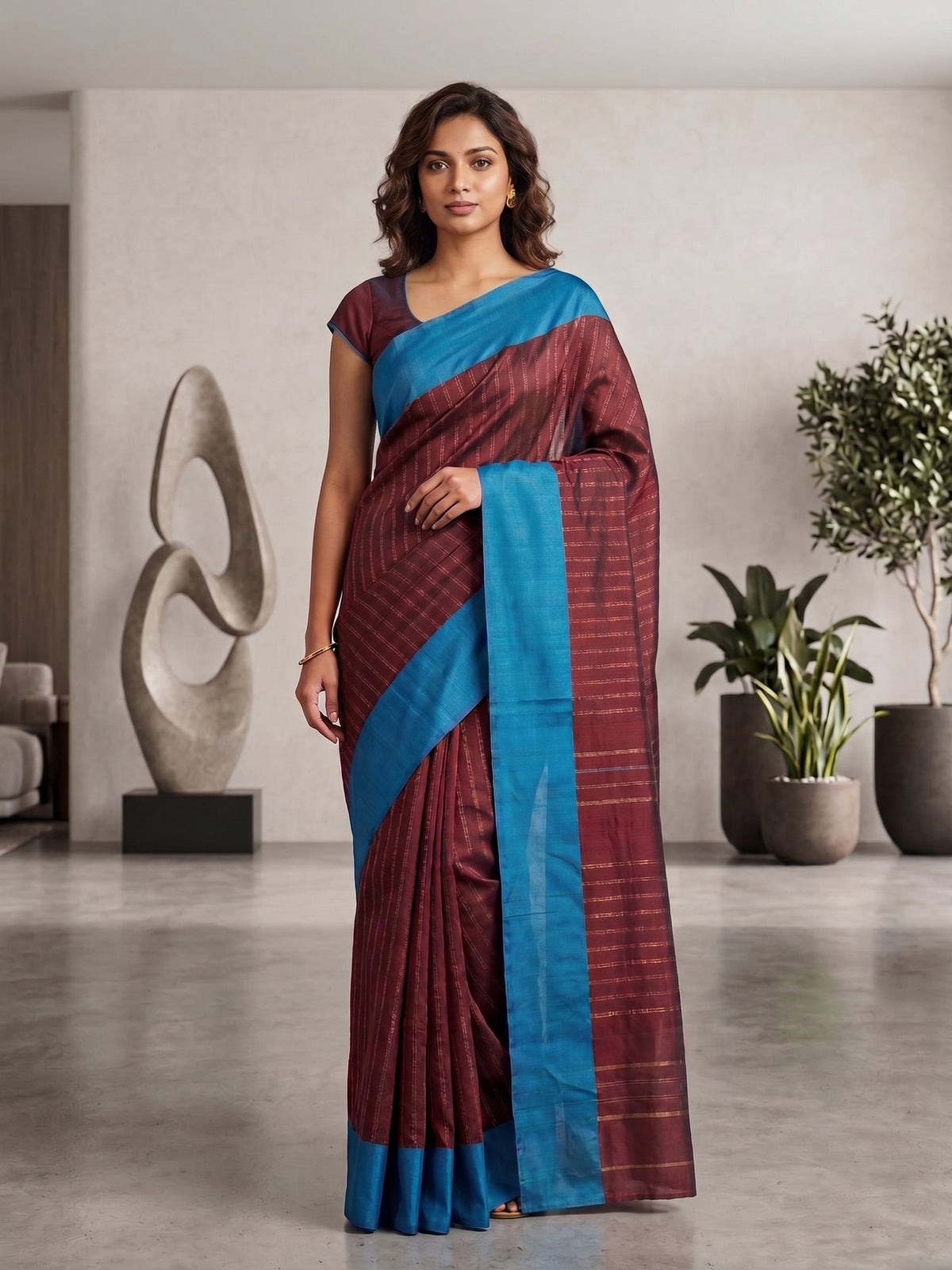 Striped Two toned Solid Semi Silk Saree With Contrast Border