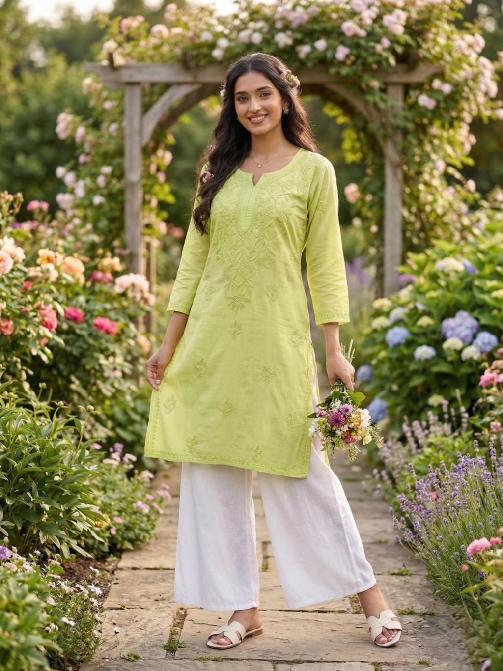 Rayon  Hand Embroidered Chikankari Medium Length kurti Top