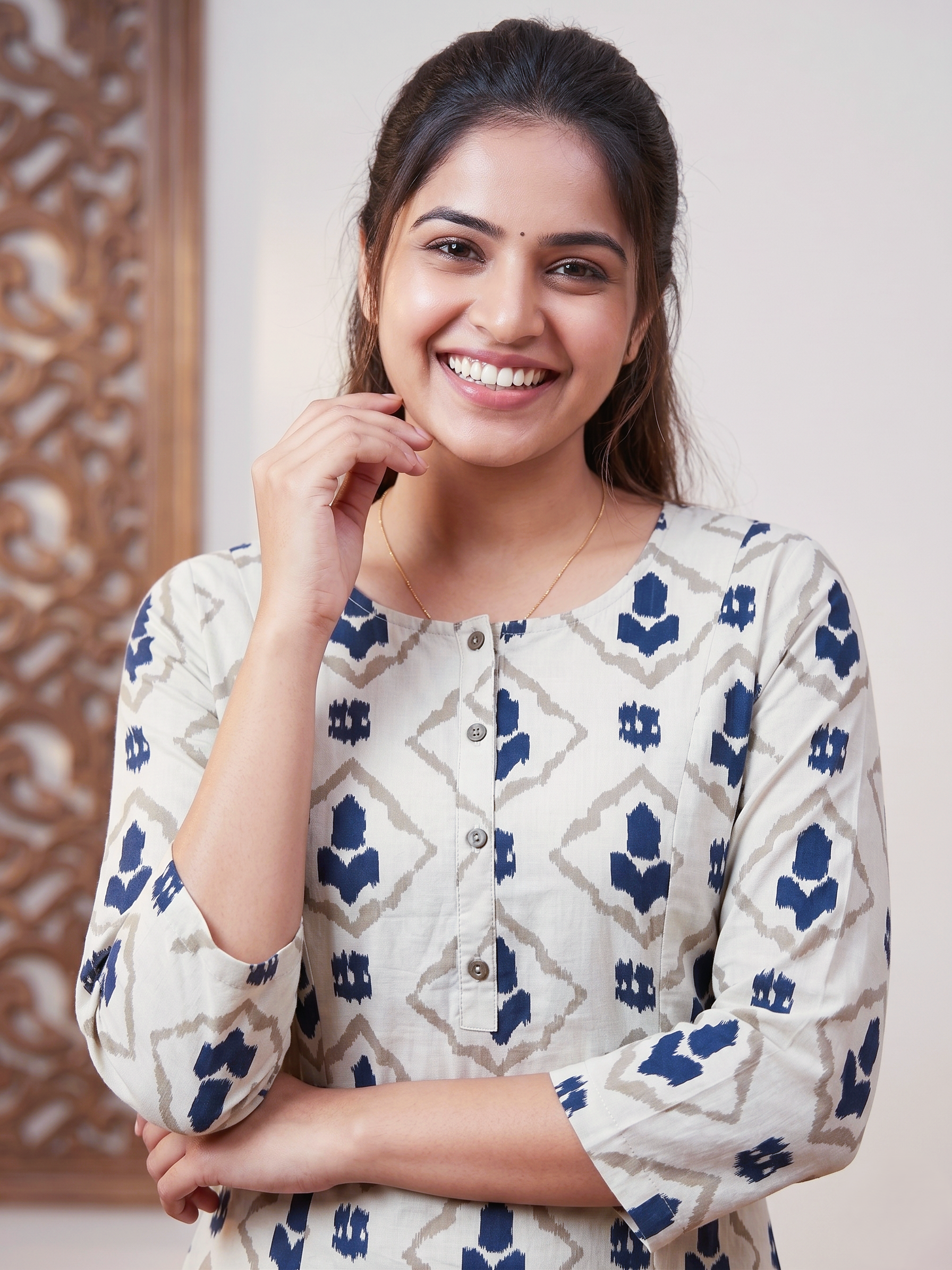 Grey Blue Printed Cotton Princes Cut Kurti Palazo Set (S to 4XL)
