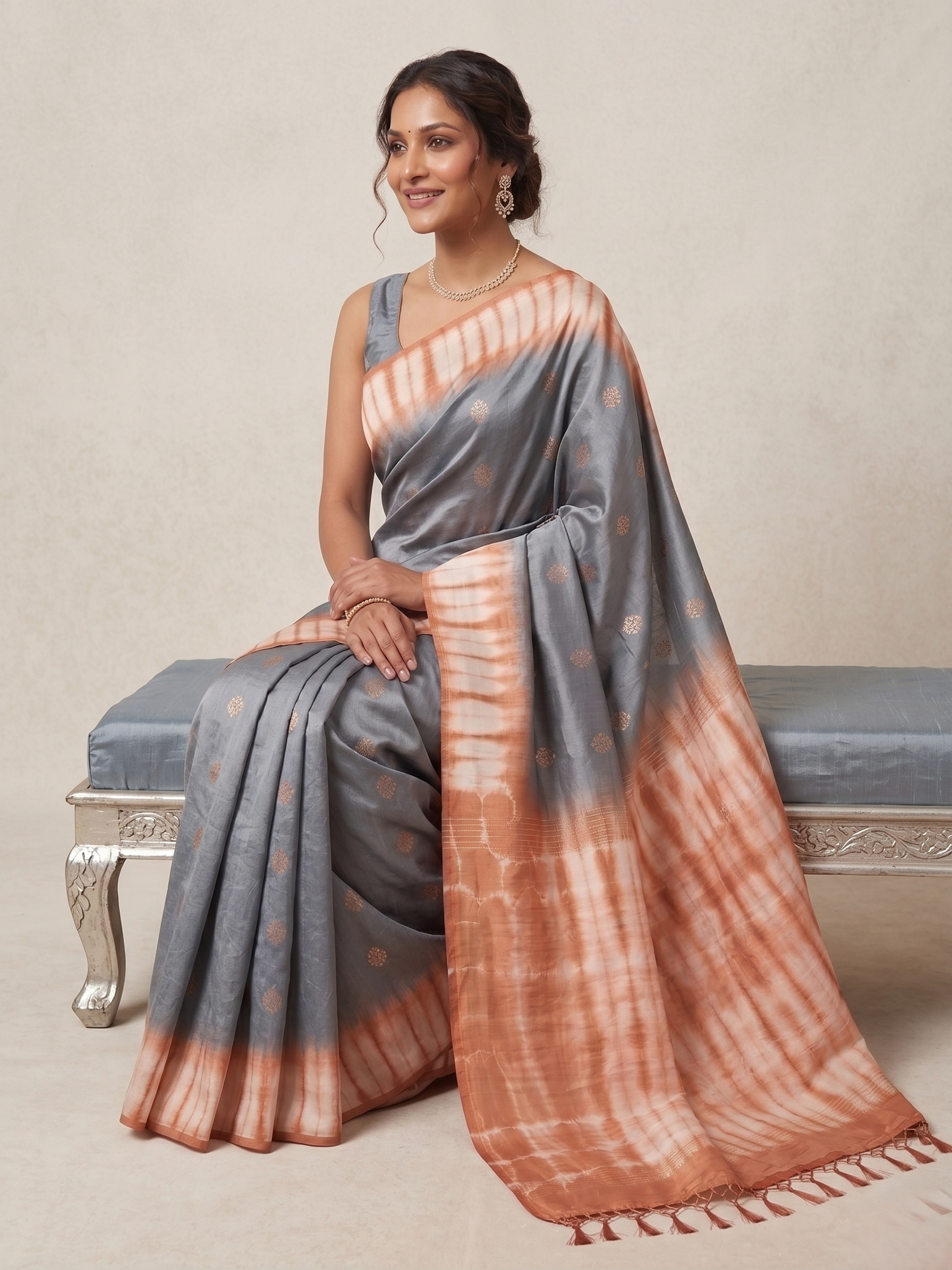 Grey& Rust Bhagalpuri Silk Handloom Saree with copper Zari Butta