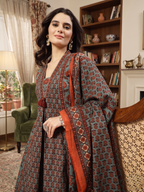 Teal Printed Sequins Embroidered Pure Cotton 3Pcs Kurti Set