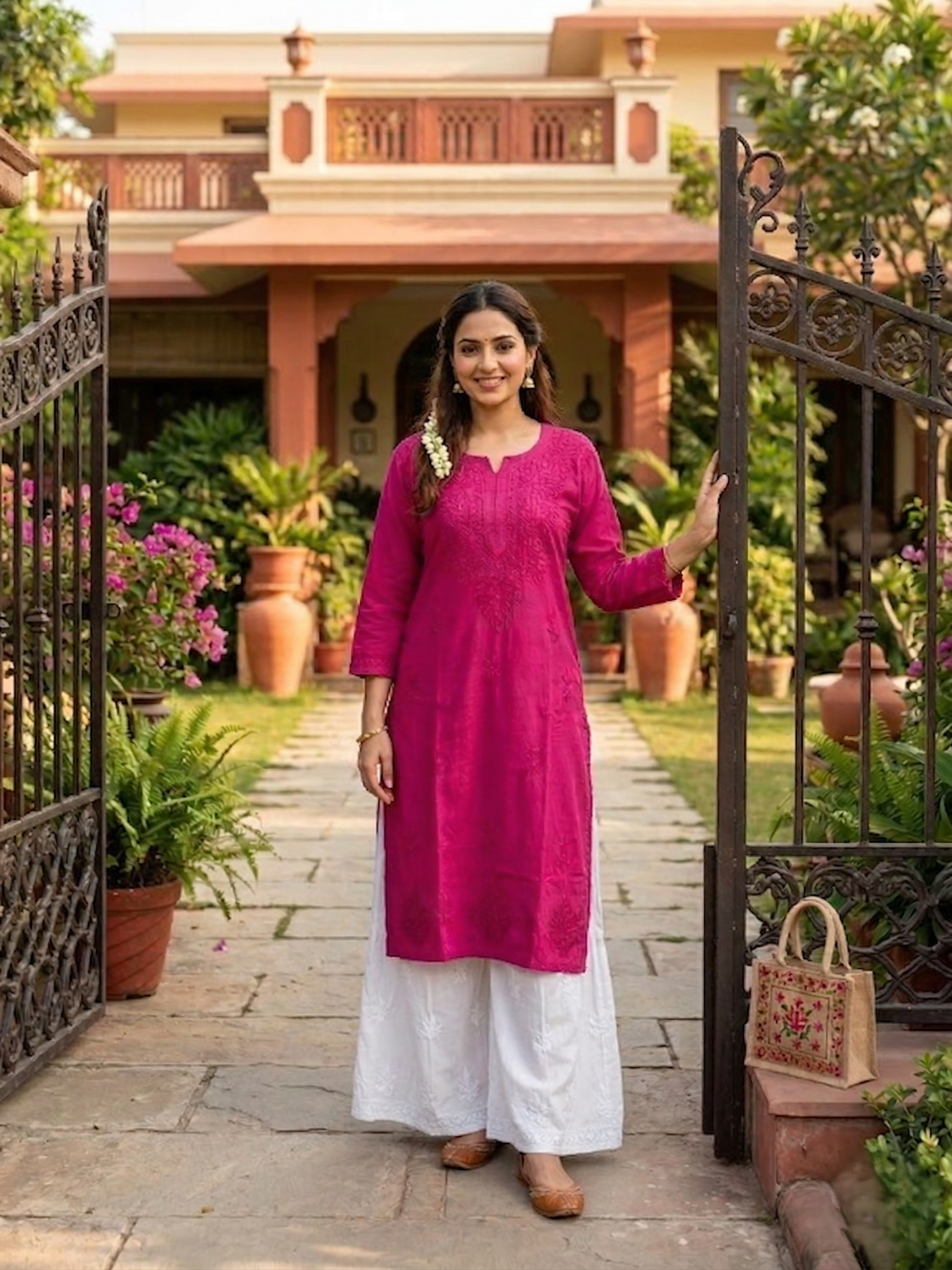 Rayon  Hand Embroidered Chikankari Medium Length kurti Top