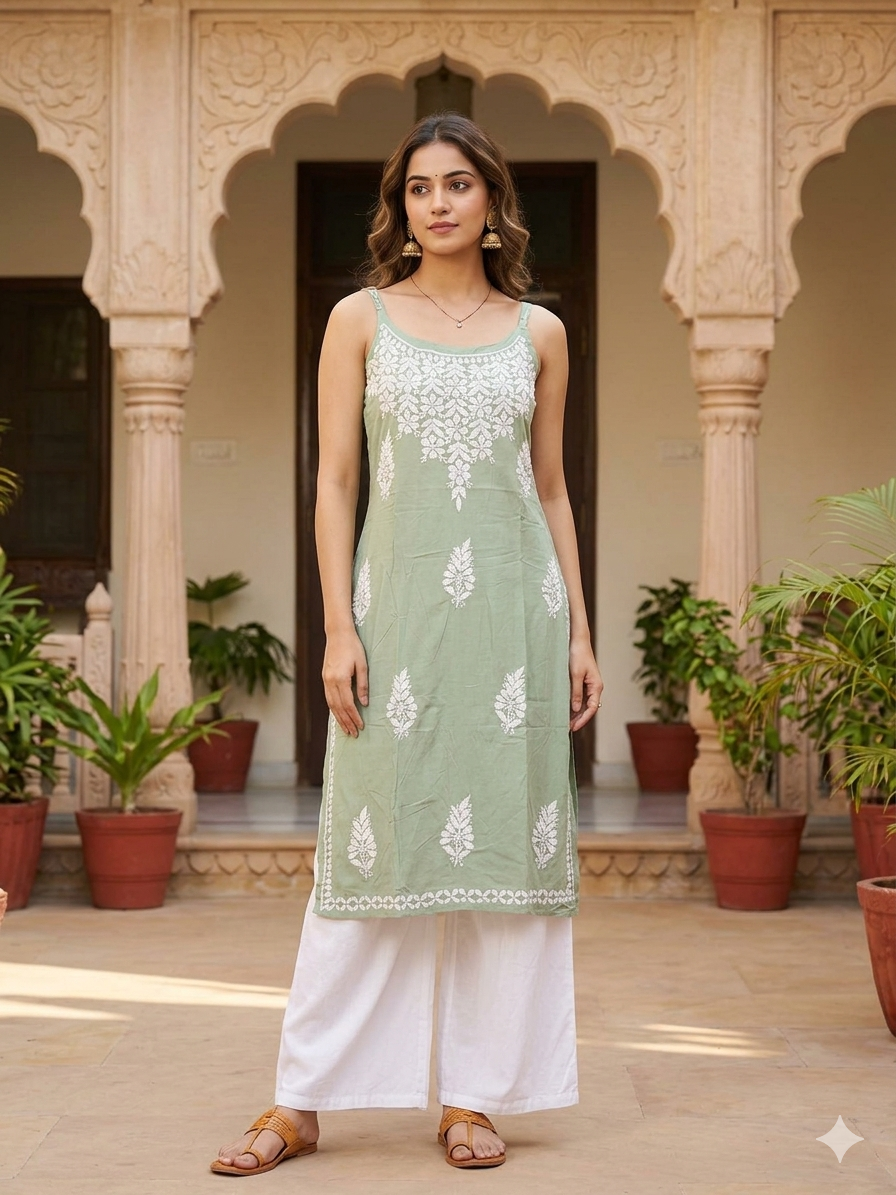 Rayon Chikankari Sleeveless Medium Length kurti Top