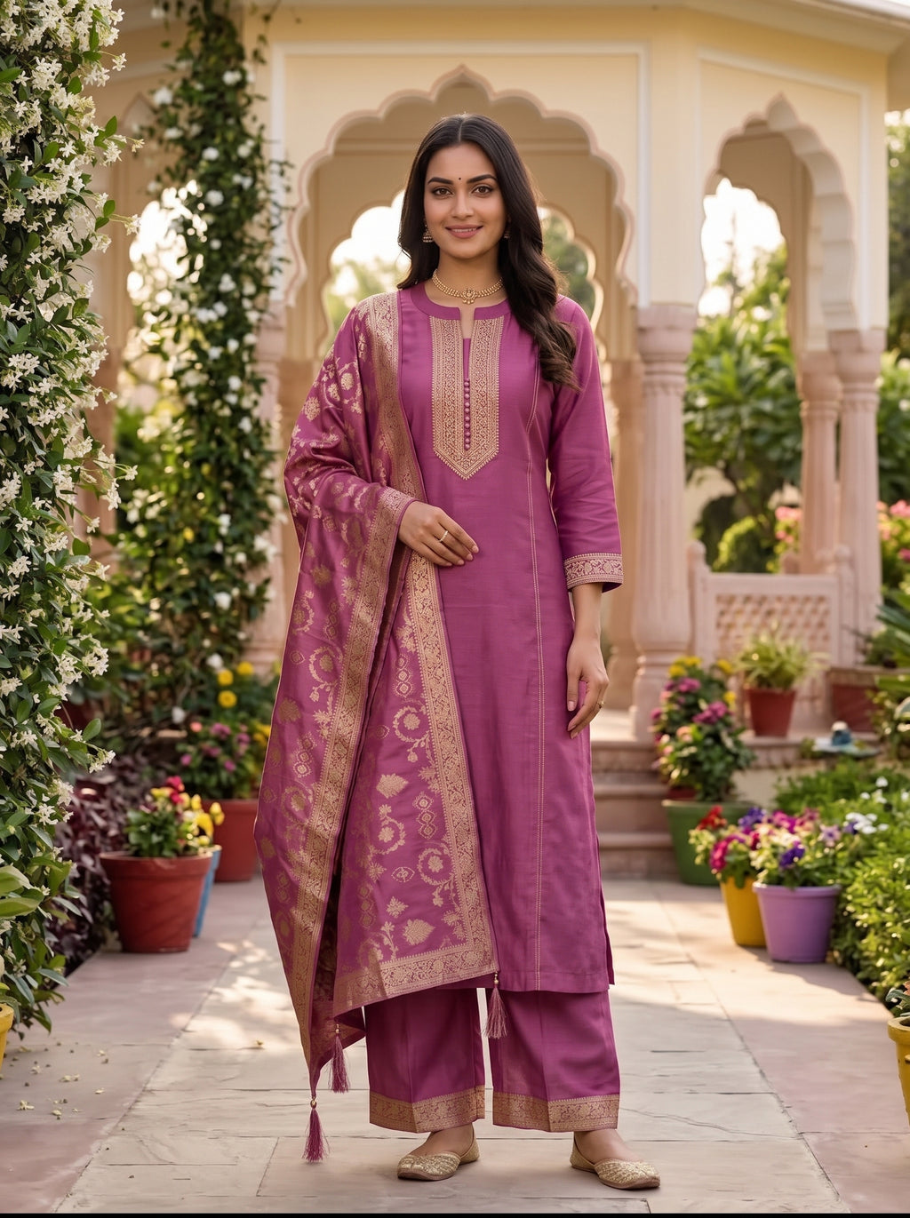 Mauve Chanderi Kurti Pants Set With Banarsi Dupatta