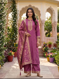 Mauve Chanderi Kurti Pants Set With Banarsi Dupatta
