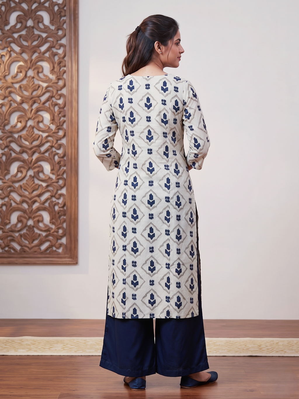 Grey Blue Printed Cotton Princes Cut Kurti Palazo Set (S to 4XL)