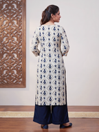 Grey Blue Printed Cotton Princes Cut Kurti Palazo Set (S to 4XL)