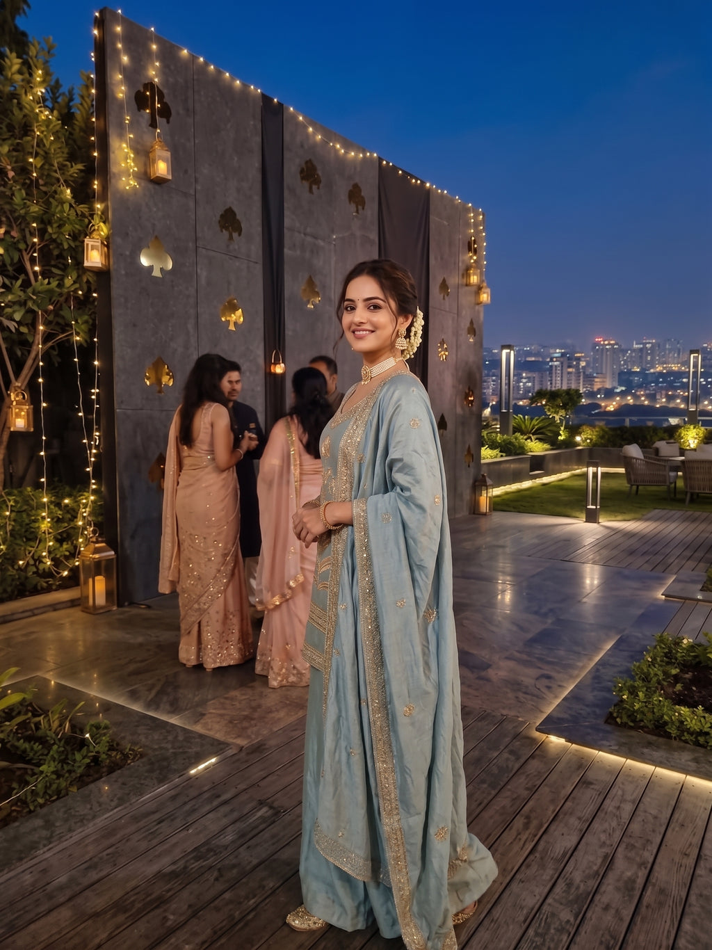 Emdroidered Chinon Silk Short Kurti With Flared Palazzo and Dupatta