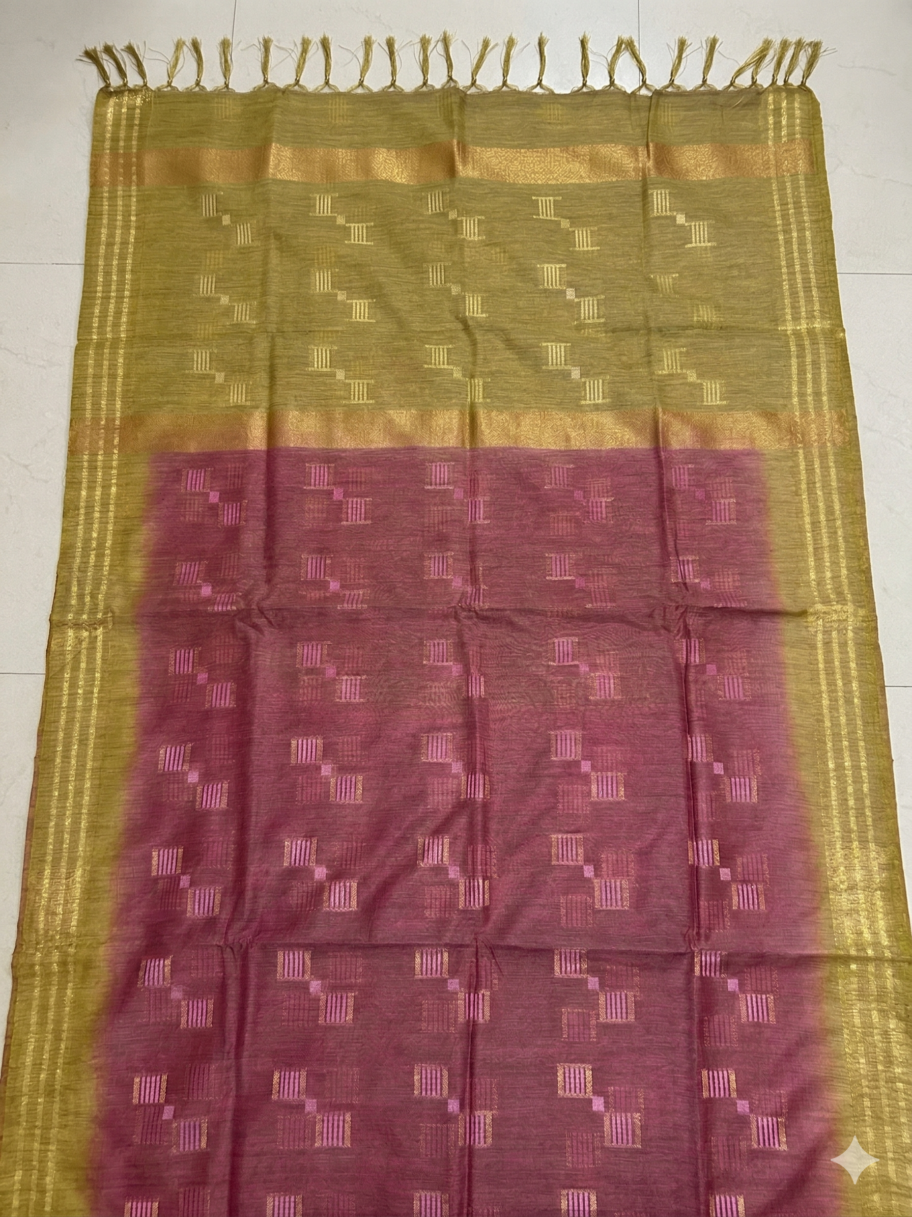 Mauve & Olive Tussar Munga Silk Handloom Saree