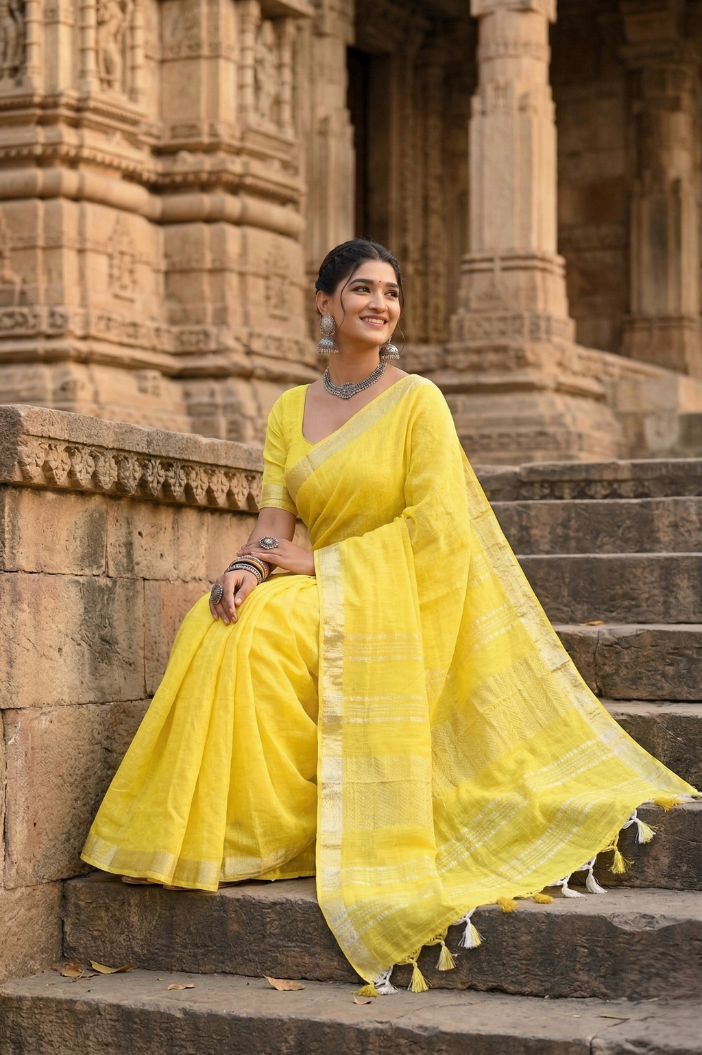 Lemon Yellow Linen Saree With Silver Border & Yellow and white Tassels