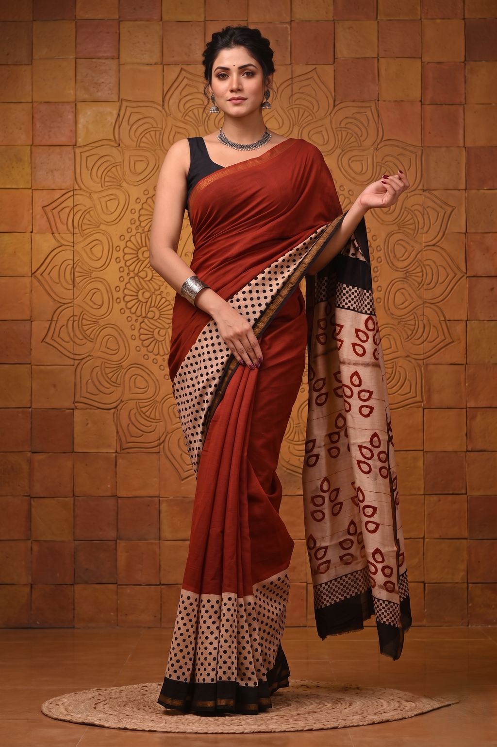 Bagru Printed Maroon Pure Chanderi Silk Saree