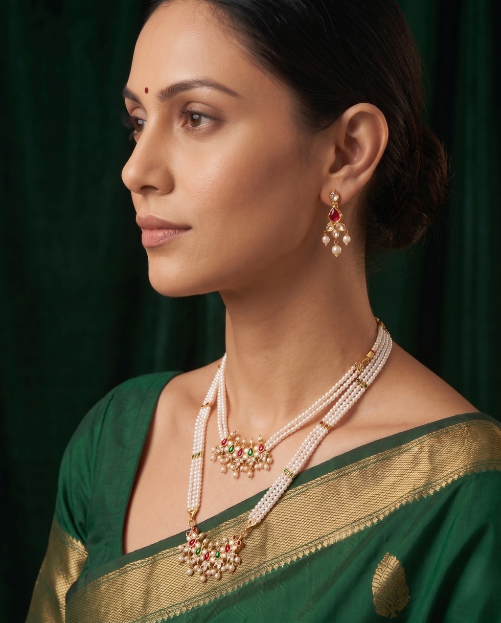 Gold-Toned Pearl Layered Necklace Set with Matching Earrings