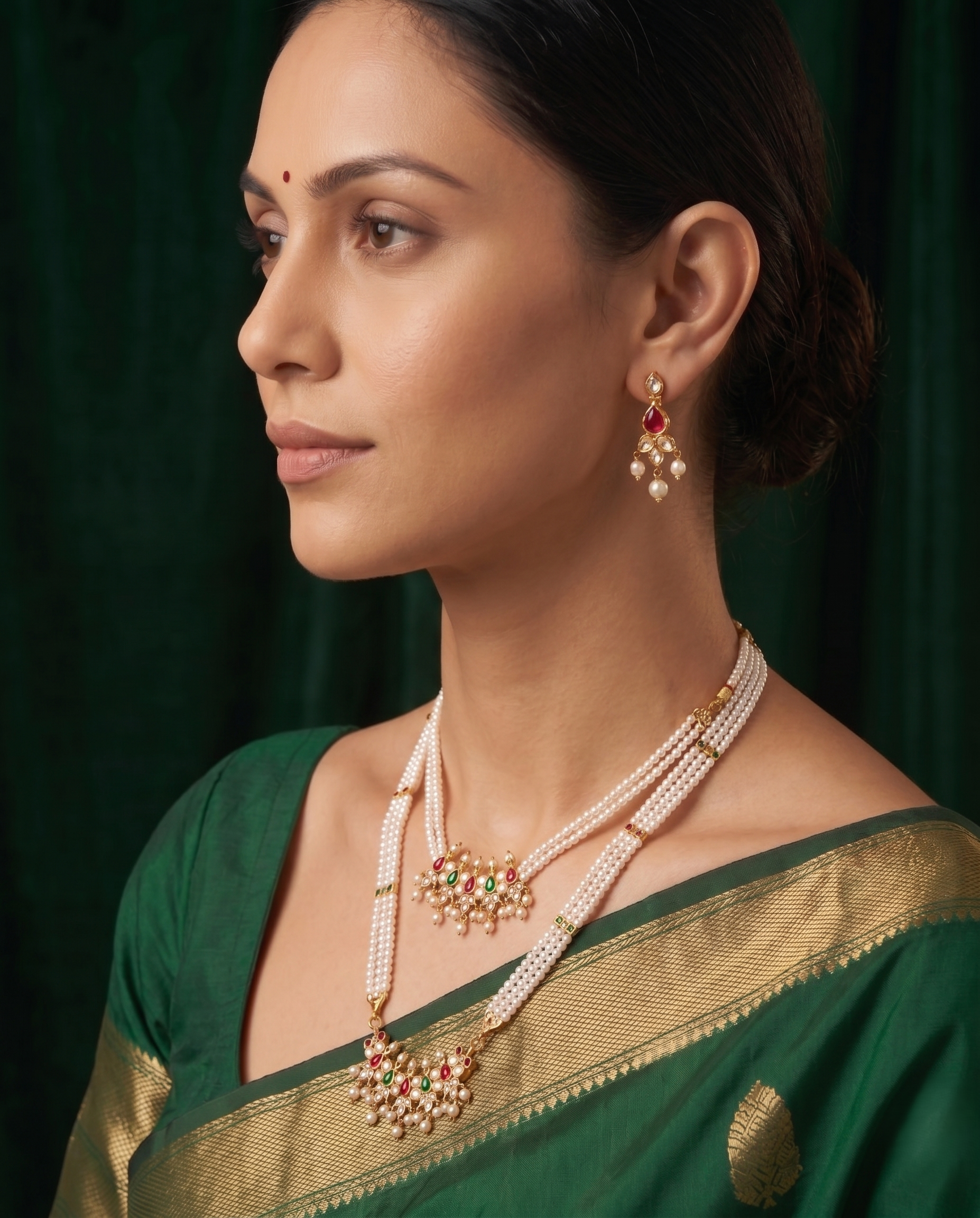 Gold-Toned Pearl Layered Necklace Set with Matching Earrings