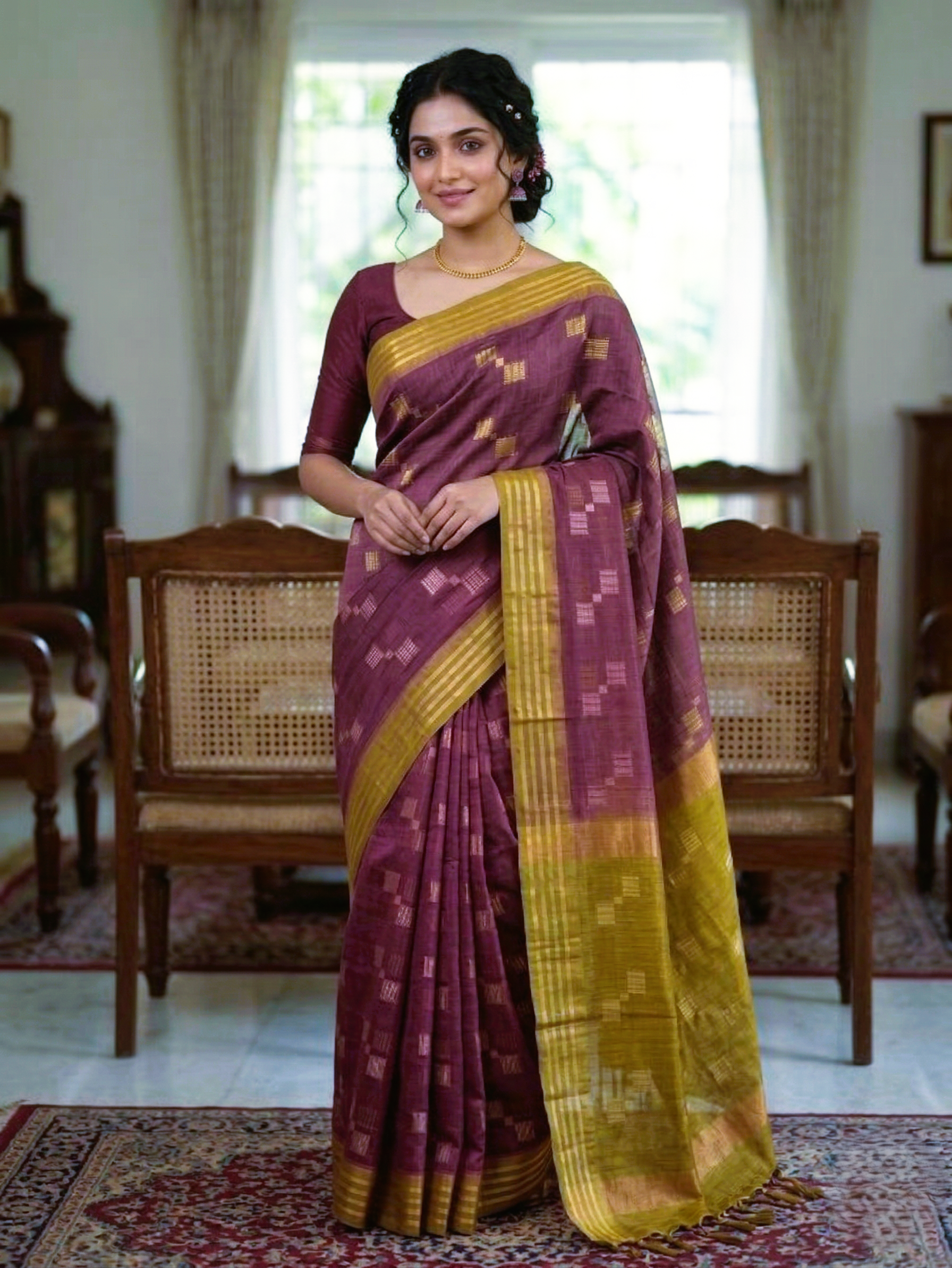 Mauve & Olive Tussar Munga Silk Handloom Saree