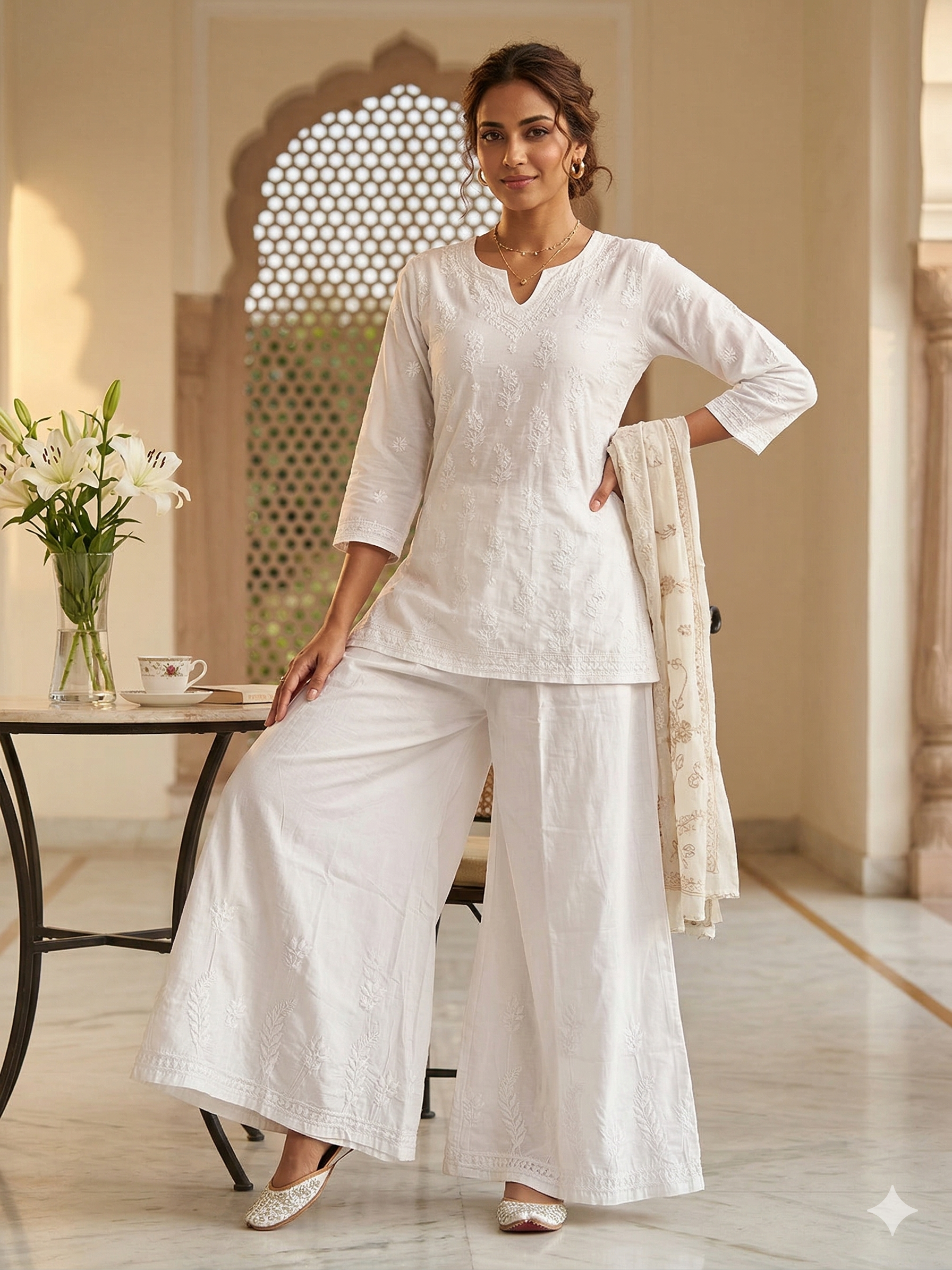 White Cotton Chikankari Wide Leg Palazzo Pants