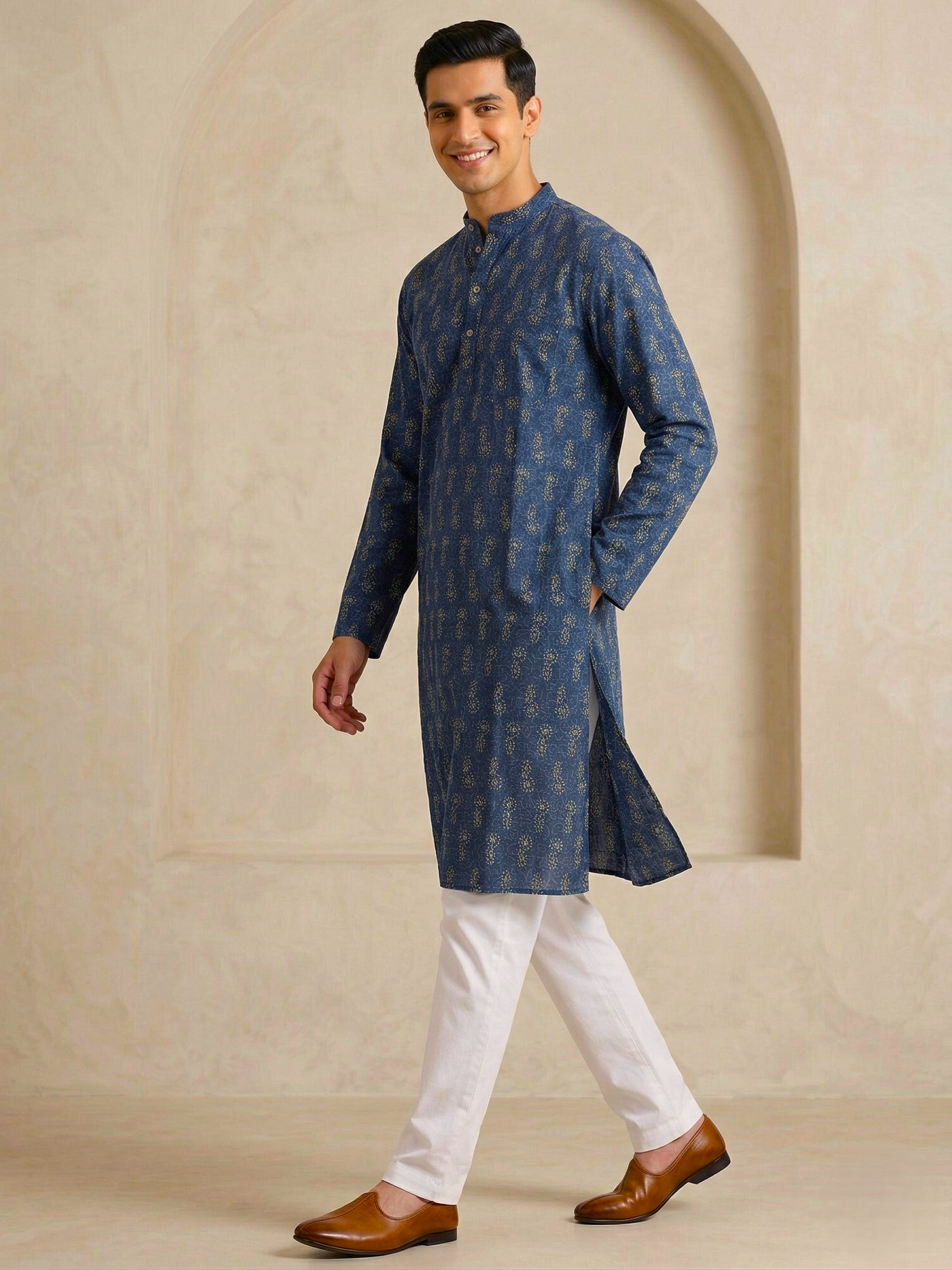 Printed Cotton Men's Kurta Top (Top Only)