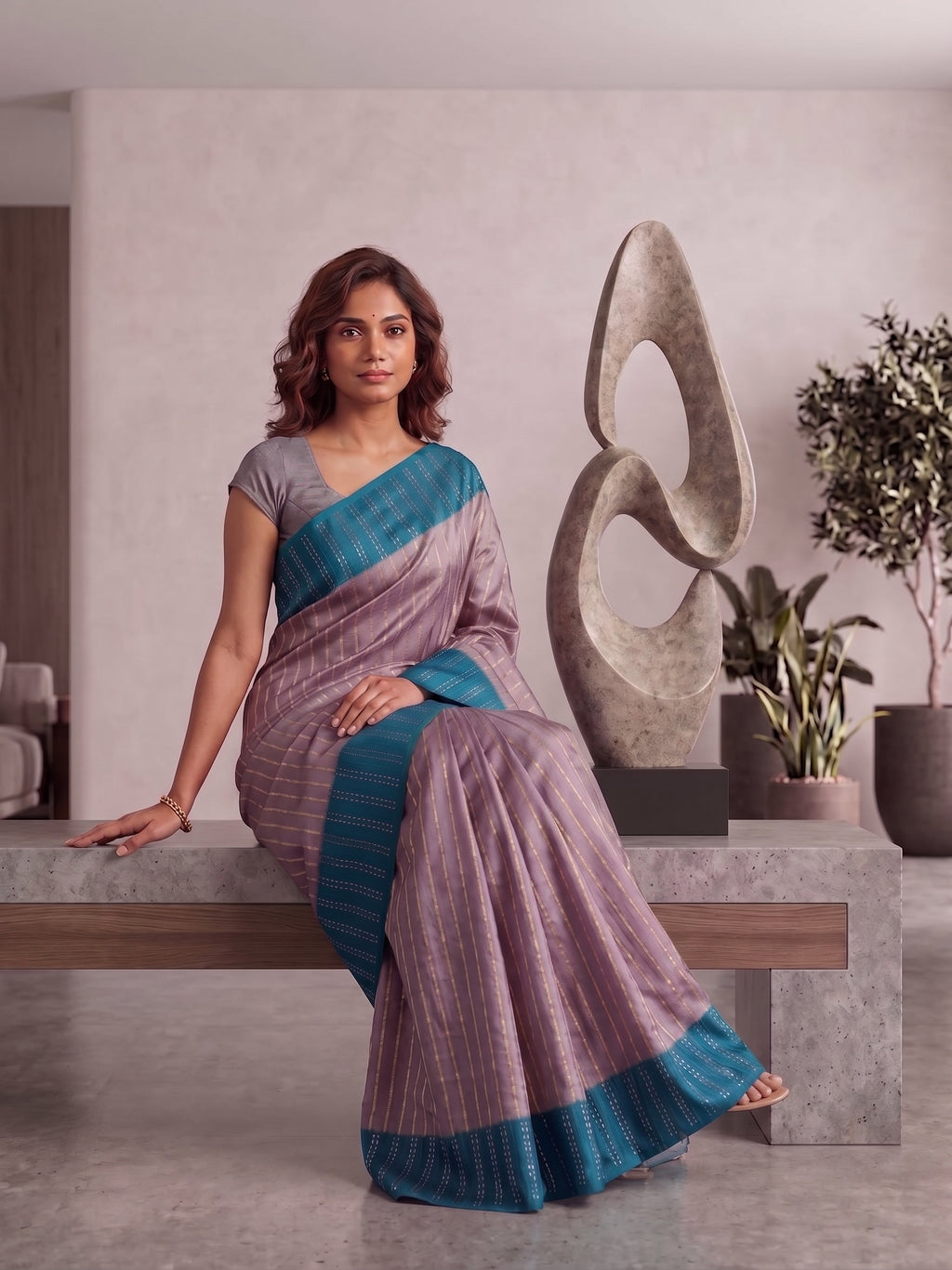 Striped Two toned Solid Semi Silk Saree With Contrast Border