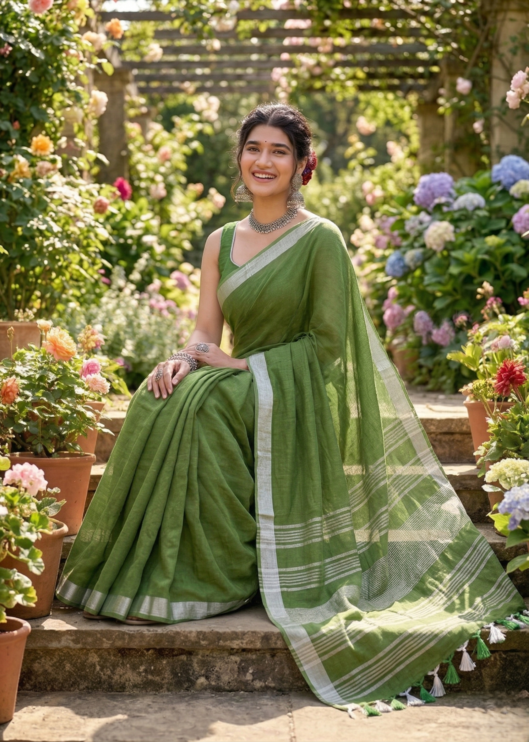 Mehandi Green Linen Saree With Silver Border & Green and white Tassels