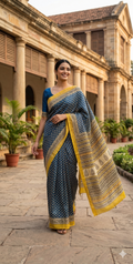 Blue & Yellow Hand Block Printed  Pure Maheswari Silk Saree