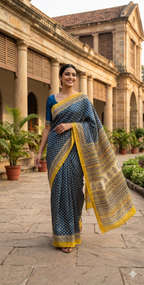 Blue & Yellow Hand Block Printed  Pure Maheswari Silk Saree