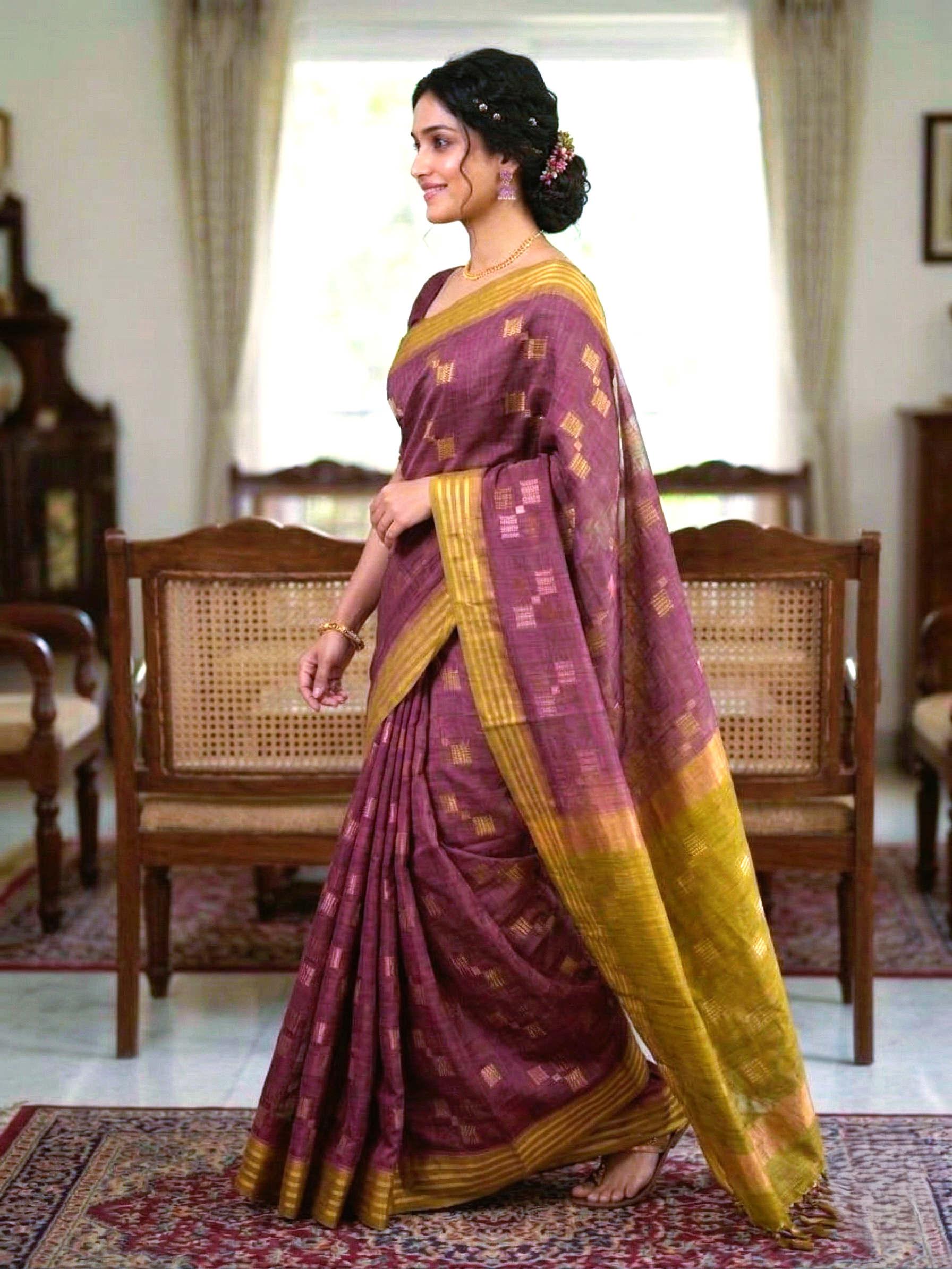 Mauve & Olive Tussar Munga Silk Handloom Saree