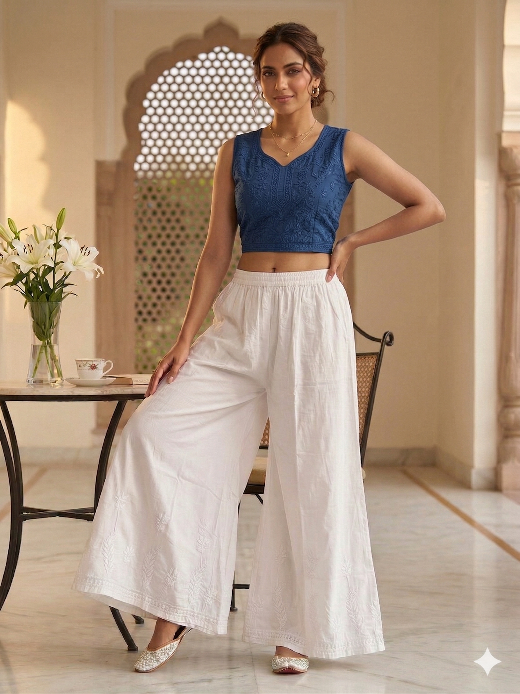 White Cotton Chikankari Wide Leg Palazzo Pants