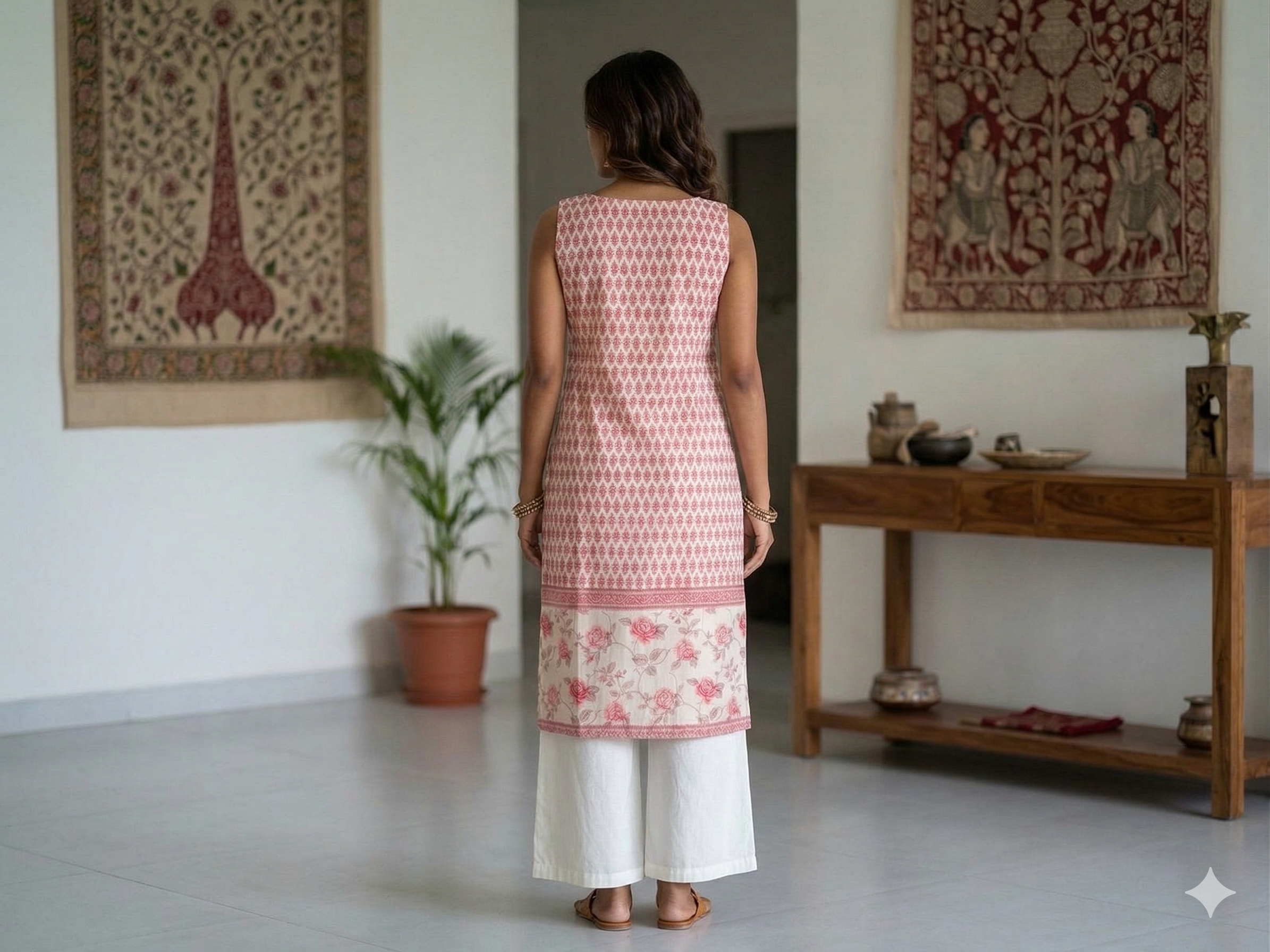 White Pink Soft cotton Printed Sleeveless Medium lenth Kurti Top ( Top Only)