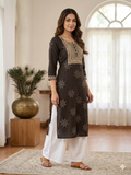 Black Bandhni Printed  Cotton Blend Kurti with Zari Embroidery And Mirror Work On The Yoke (Top Only)