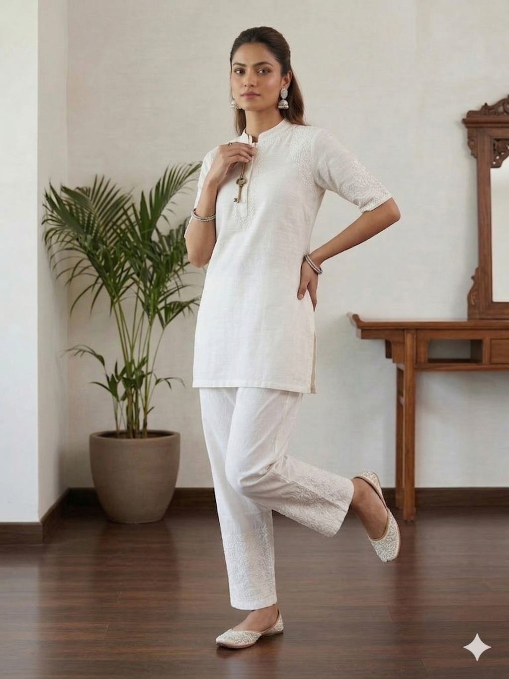 White Cotton Straight Streatchable  Pants With Embroidery Border