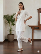 White Cotton Straight Streatchable  Pants With Embroidery Border