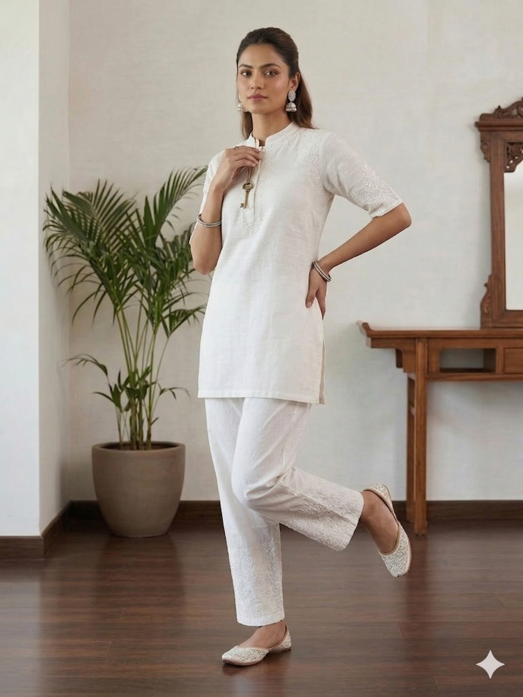White Cotton Straight Streatchable  Pants With Embroidery Border