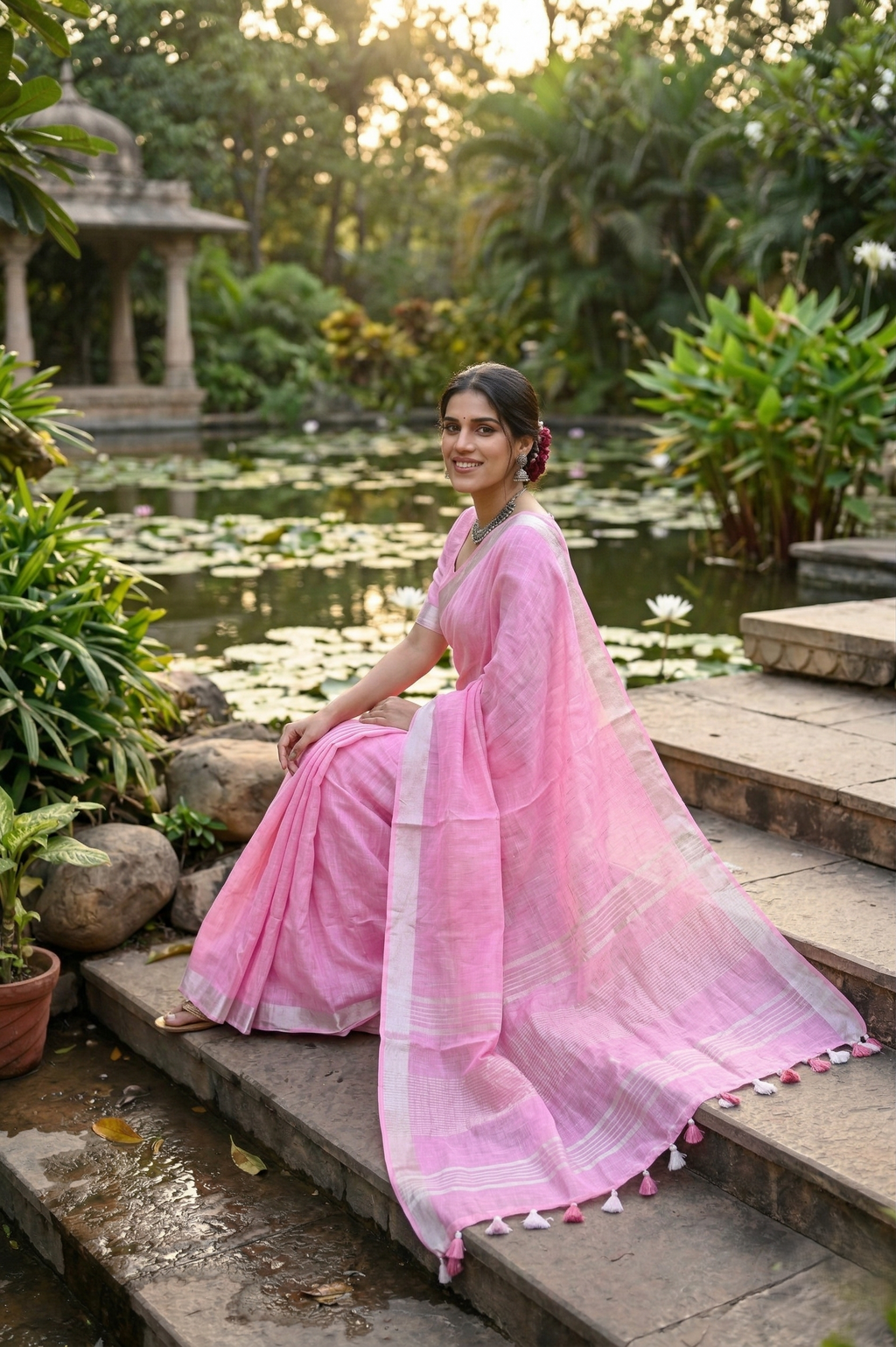 Pink Linen Saree With Silver Border & Pink and white Tassels