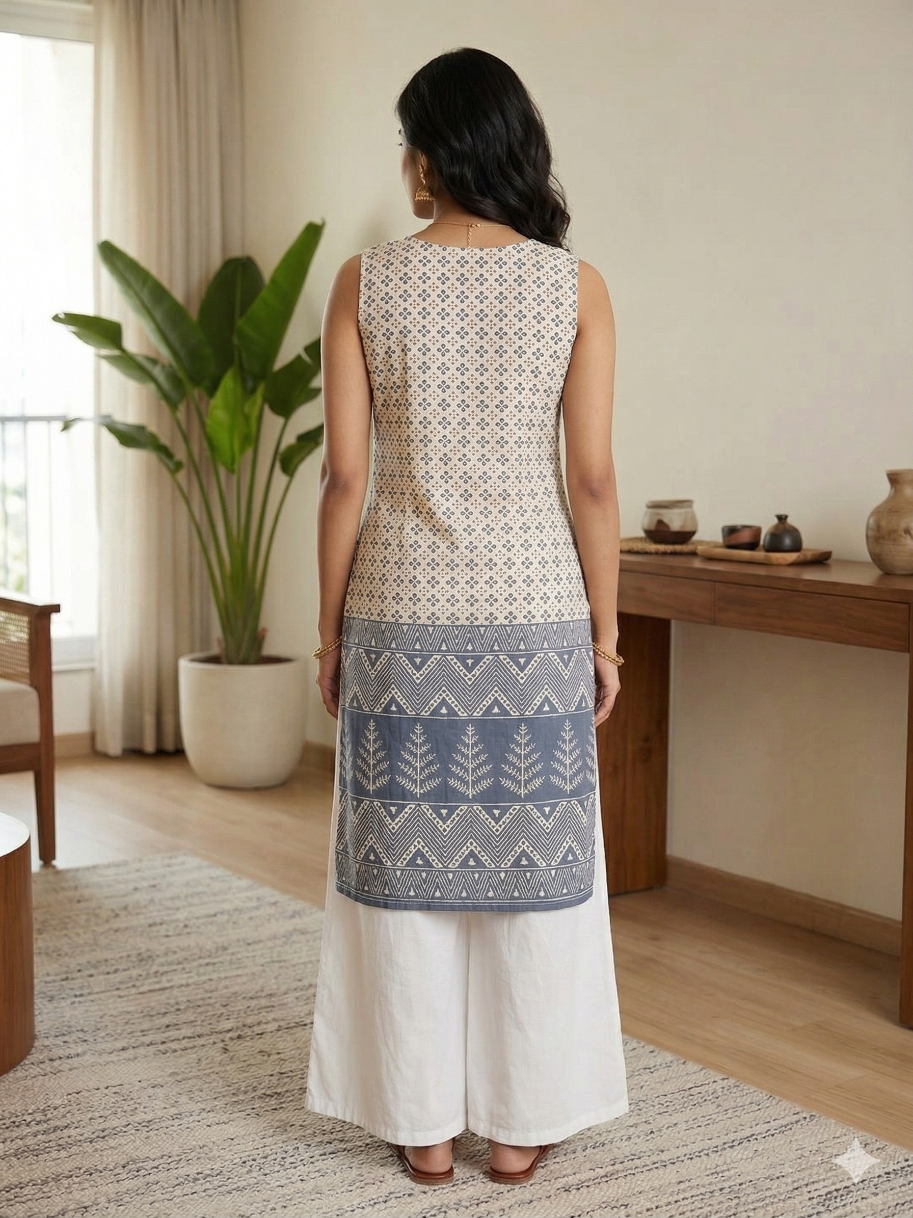 Whit Grey Soft cotton Printed Sleeveless Medium lenth Kurti Top ( Top Only)